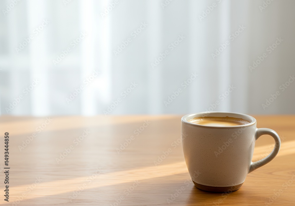 Fototapeta premium Minimalist Morning Coffee in a Ceramic Mug on Wooden Table. Generative AI.