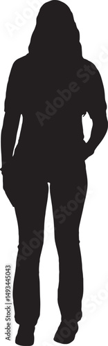 vector silhouette front view of young girl standing hand on pocket