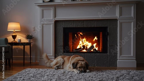 Golden retriever relaxing on soft carpet in front of warm fireplace, enjoying peaceful evening at home