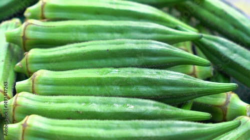 Fresh Green Okra Pile Displayed Beautifully In Market