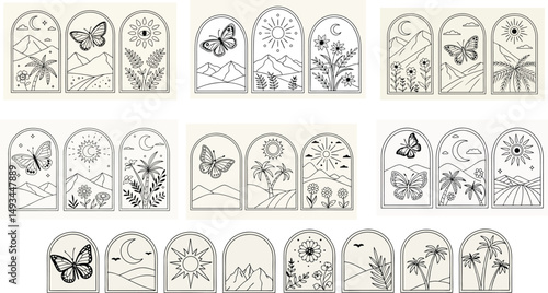 set of black and white flowers, vector illustration of an abstract flower