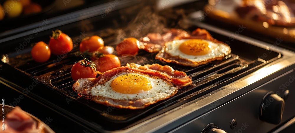 A close-up of breakfast being prepared on a portable stove A close-up of breakfast being prepared on a portable stove