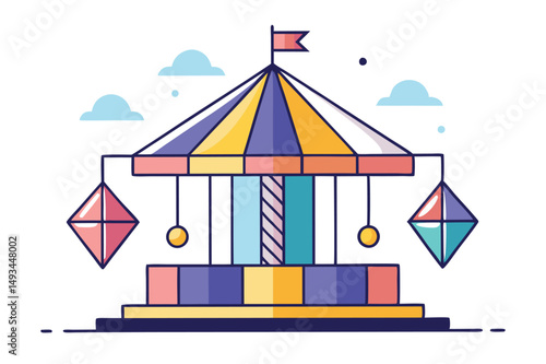 Colorful vector illustration of a whimsical carousel with a striped canopy, set against a dreamy background of celestial planets and soft clouds