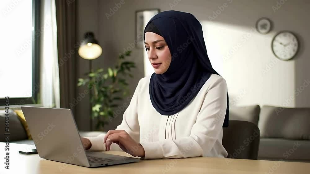 Muslim woman working on laptop in home office modern and contemporary workspace Muslim woman working on laptop in home office modern and contemporary workspace