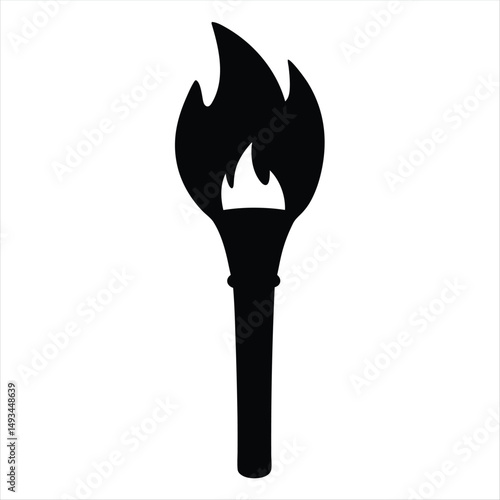 Stylized Black Torch with Blazing Flame Silhouette on White Background