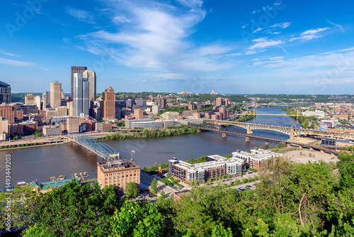 Pittsburgh city skyline from Grandview Overlook at sunset in Pittsburg, Pennsylvania.