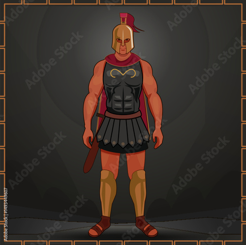 Stylized vector image of an armed Spartan warrior in armor. Simple flat graphics, the character is a man with a sword
