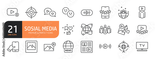 Set of line icons related to social media, network, message, like, comment, send and more. Outline icons collection. Editable stroke. Vector illustration.