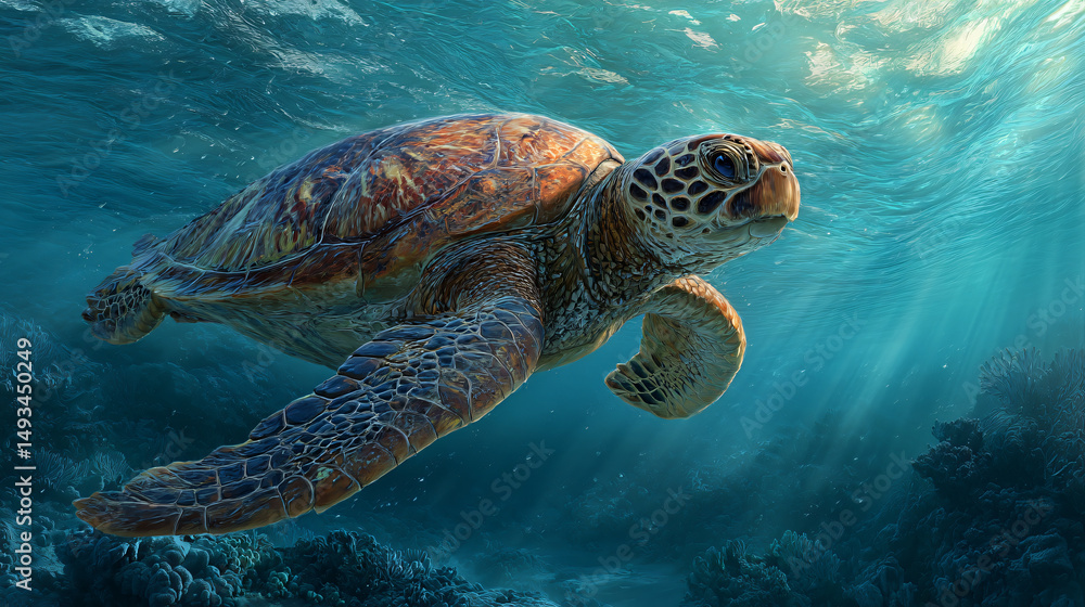 Fototapeta premium sea turtle diving into depths