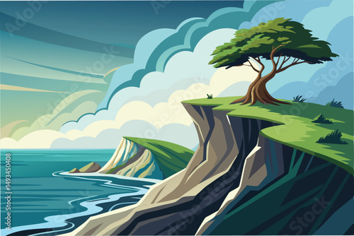 Scenic view of a cliff overlooking the ocean with lush green tree under a bright blue sky and fluffy clouds