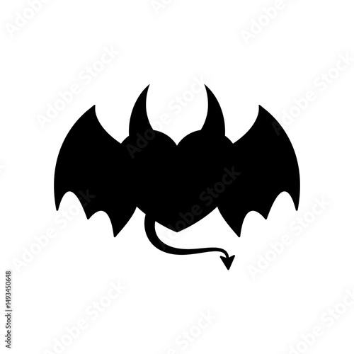 Heart with devil horns, tail and wings. Vector illustration and black silhouette.
