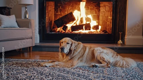 Golden retriever resting beside crackling fireplace, nestled on plush rug, embodying warmth and tranquil home comfort