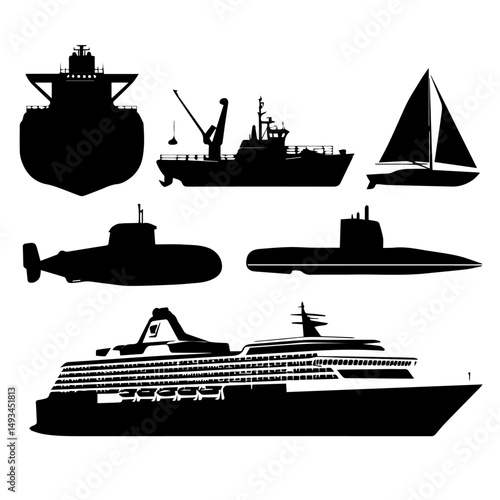 Set of black silhouette icons featuring various watercraft and sea creatures, including cargo ships, submarines, yachts, sailboats, jet skis, sharks, and naval vessels on a white background.