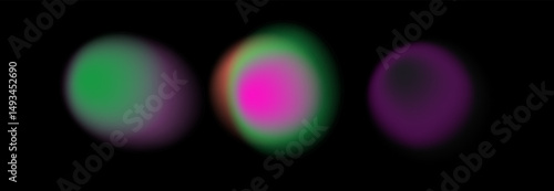 Vector illustration features colorful aura gradient blobs with soft neon glow, on a black background. Trendy holographic gradient style is widely popular for modern 2025 designs.
