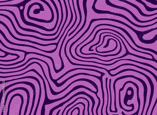 Abstract vector pattern with wavy, organic contour lines in purple shades, inspired by topographic maps. This bold psychedelic style is popular in modern backgrounds and trendy digital art.