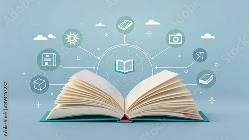 Digital Curriculum, Open book with digital icons representing knowledge and learning concepts