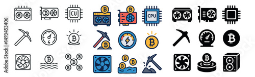 Cryptocurrency mining icon collection: silhouette, linear, and flat styles for digital currency