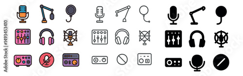 Audio equipment icon collection: silhouette, linear, flat styles for sound and music tech