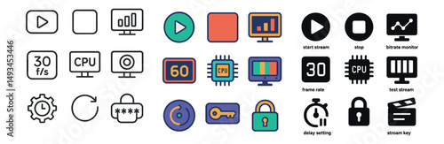 Streaming control icon collection: silhouette, linear, and flat designs for media apps