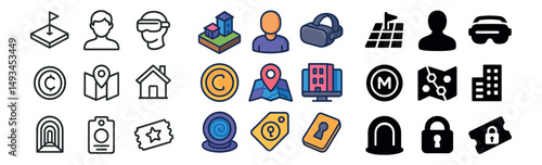 Technology and travel icon collection: silhouette, linear, flat style designs for apps