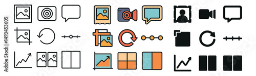 Media and communication icon collection: silhouette, linear, and flat design set