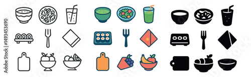Food and drink icon collection in silhouette, linear, and flat styles. culinary design set