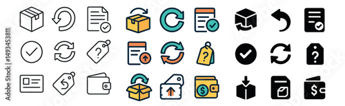 Business and finance icon collection: silhouette, linear, flat styles set for entrepreneurs