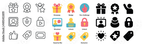 Rewards and achievements icon collection: linear, silhouette, and flat styles
