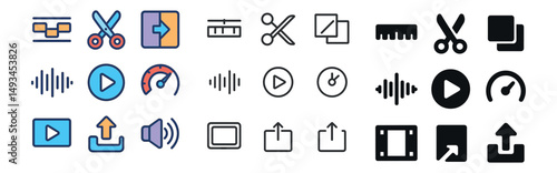 Media controls icon collection: silhouette, linear, and flat styles for multimedia projects