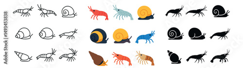 Sea creatures icon collection: silhouette, linear, flat styles marine design