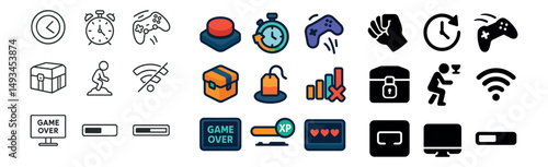 Gaming and speed icons collection: silhouette, linear, and flat designs for apps