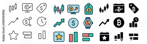 Finance and investment icon collection: silhouette, linear, flat styles for budgeting
