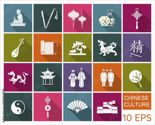 Chinese culture, art and historical heritage. Flat glyph icon. Traditional Chinese costume pagoda, bronze, porcelain, lanterns, calligraphy, Buddha statue, terracotta army