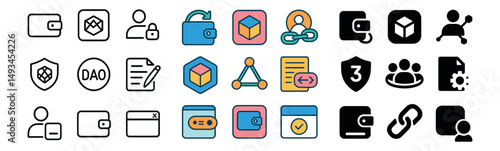 Crypto and blockchain icon collection: silhouette, linear, flat design. digital currency set