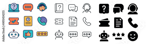 Customer service icon collection: silhouette, linear, flat styles. support and helpdesk set