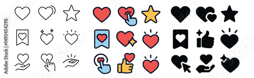 Love and favorite icon collection: silhouette, linear, and flat styles for bookmarks
