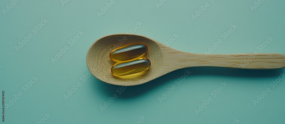 Supplements represented by omega-3 capsules on wooden spoon for well being Supplements represented by omega-3 capsules on wooden spoon for well being
