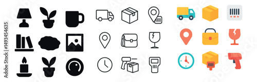 Home and delivery icon collection: silhouette, linear, and flat styles for logistics and decor