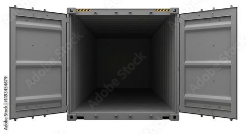 Open Shipping Container Interior with Doors Ajar, Isolated on White Background.