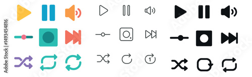 Media player control icon collection: silhouette, linear, and flat styles for interface design