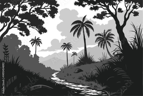  black and white, tropical rainforest, palm trees, lush vegetation, path, cloudy sky, atmospheric, monochrome, cinematic, dramatic, highly detailed, intricate, sharp focus
