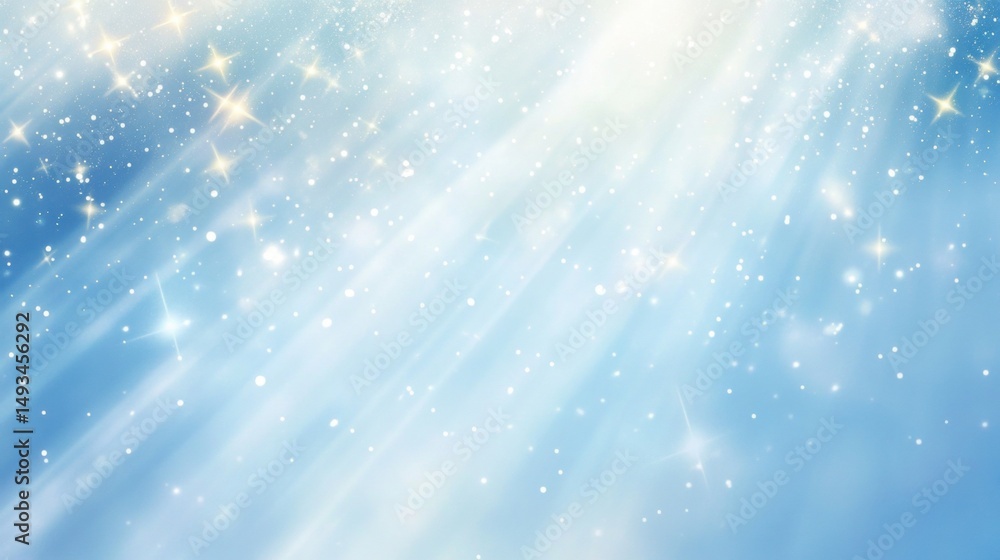Obraz premium Radiant Light Beams with Sparkling Stars on a Soft Blue Background