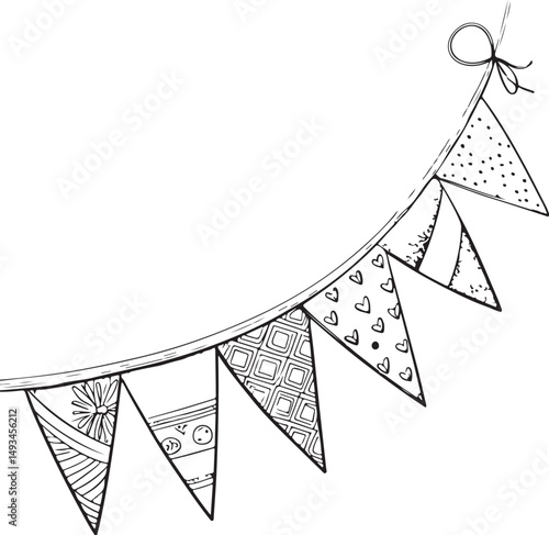 Pennant banner with flags Vector Illustration, Sketch Drawing Line Linear Symbol Icon Engraving Coloring Book, Hand-drawn Black and White Isolated