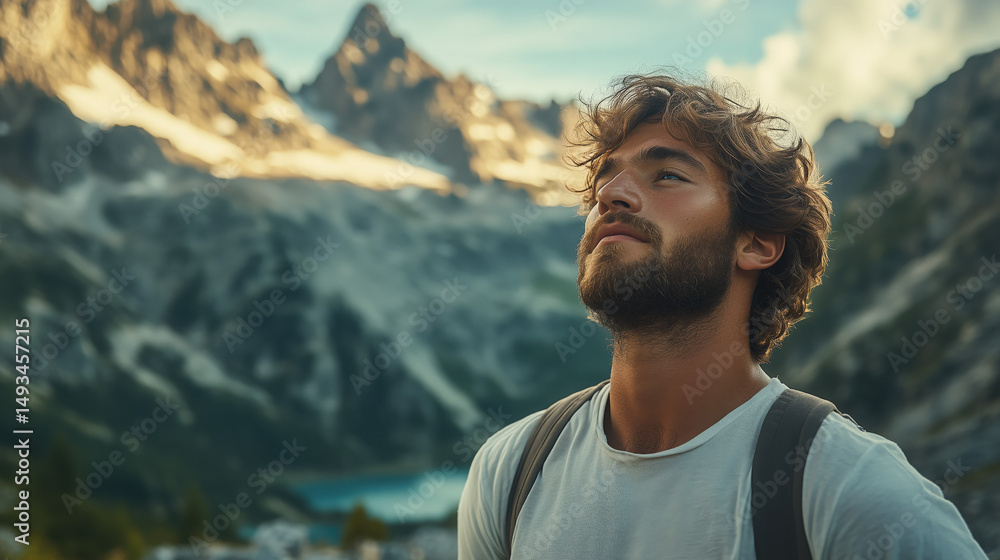 a man breathing deeply while surrounded by mountains and clean air a man breathing deeply while surrounded by mountains and clean air