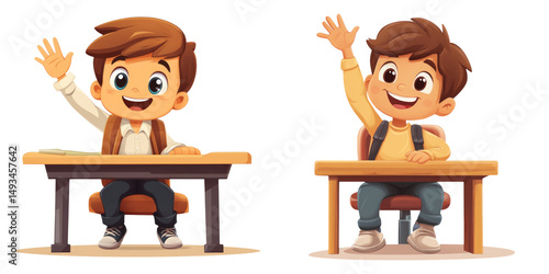 Two cheerful boys at desks raising hands isolated on transparent PNG image perfect for classroom or learning visuals