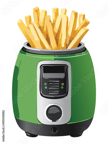 Compact Green Air Fryer Making Crispy Fries - Vector Illustration