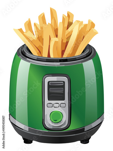 Green and Silver Kitchen Air Fryer with Fries - Vector Illustration