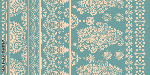 floral pattern vintage ethnic modern embroidery texture boho design vector illustration hand drawn pink flower motif branches leaves wallpaper seamless background border.

