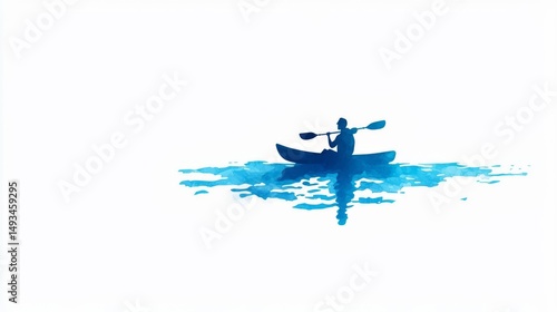 A serene watercolor illustration of a person kayaking on a calm blue water.