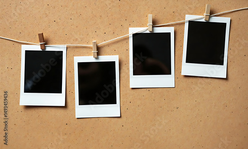 Four empty polaroid photo prints hanging on the rope string against cork board background
